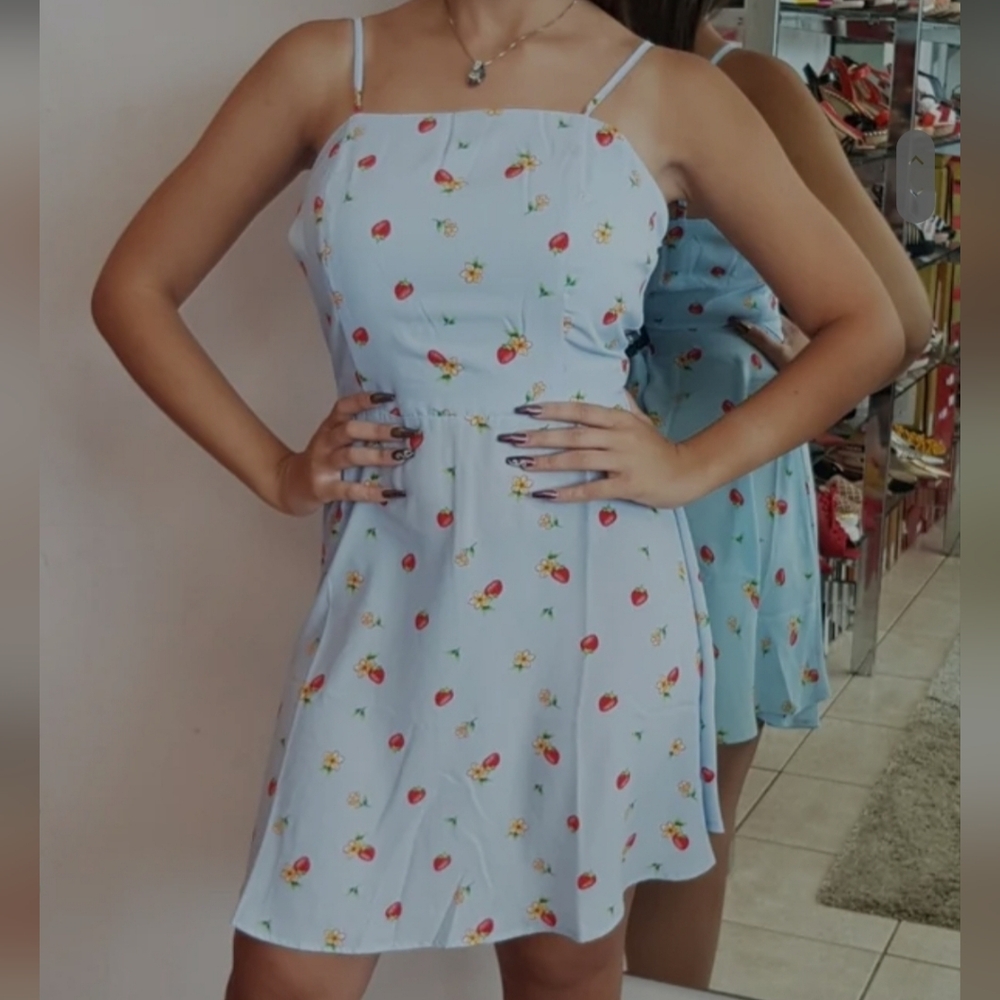 Lt Blue Strawberry Print Mini A-Line Dress